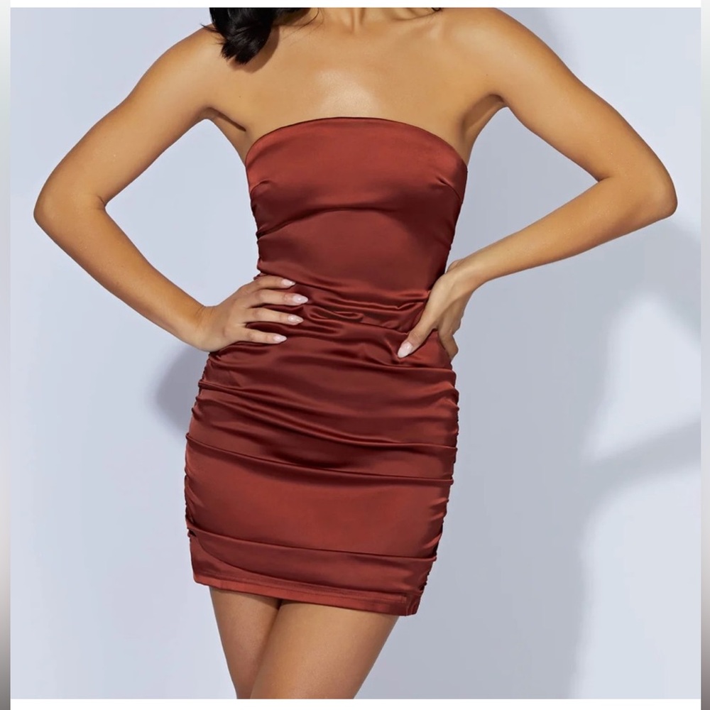 Red Ruched Strapless Mini Dress